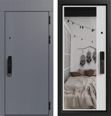 Входные двери Либерти ЮР-39 RAL 9011 - ЮР-42 декоративная зеркальная вставка RAL 9003