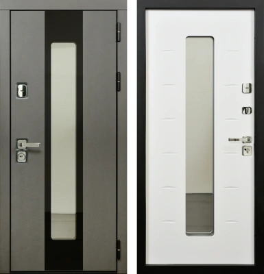 Входные двери Юта 3К90 П-55 (окно+черное стекло) TSBR 7021 - П-63(окно) RAL 9003