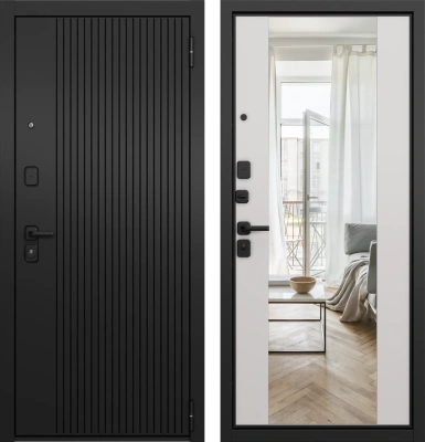 Входные двери T1 TRUST ECO PP E-161 Черный матовый - Е-164 (зеркало) Белый софт