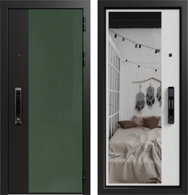 Входные двери Делла 3К90 ЮР-43 Вудлайн олива - ЮР-42 декоративная зеркальная вставка ZB Белый