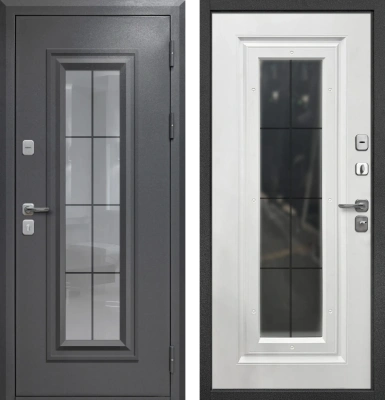 Входные двери Гарда 9 Букле графит Ковка стеклопакет Букле графит Белый матовый