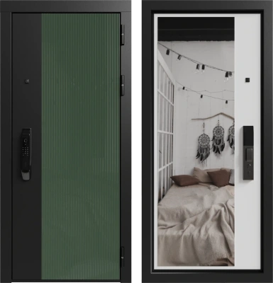 Входные двери Делла ЮР-43 Вудлайн олива - ЮР-42 декоративная зеркальная вставка ZB Белый