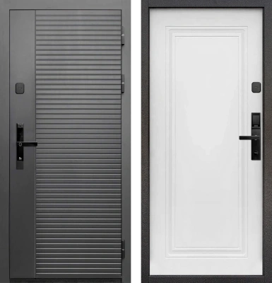 Входные двери Тайга 10 см (Электр. замок) Сатин графит - с фрезеровкой Эмалит белый
