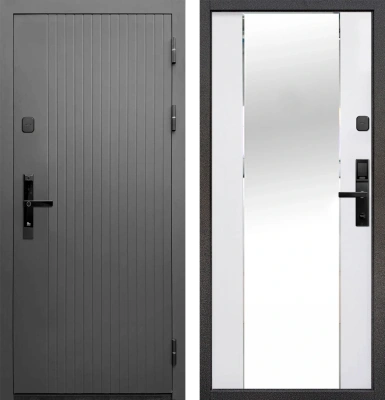 Входные двери Тайга 10 см (Электр. замок) Зеркало Сатин графит - Зеркало Эмалит белый