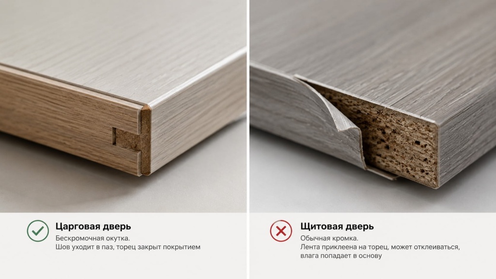 Торец царговой двери с бескромочной окуткой крупным планом