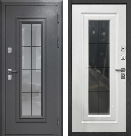 Входные двери Гарда 9 Букле графит Ковка стеклопакет Букле графит Белый матовый