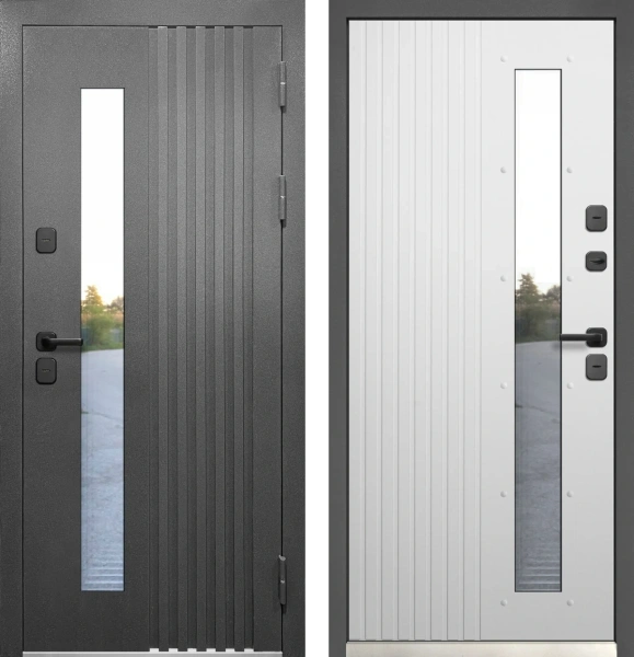 Входные двери Luxor Termo Рейка стеклопакет муар 7024 Эмалит белый