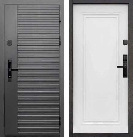 Входные двери Тайга 10 см (Электр. замок) Сатин графит - с фрезеровкой Эмалит белый