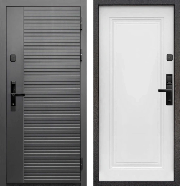 Входные двери Тайга 10 см (Электр. замок) Сатин графит - с фрезеровкой Эмалит белый