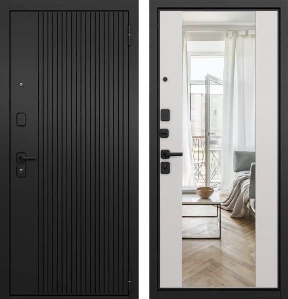 Входные двери T1 TRUST ECO PP E-161 Черный матовый - Е-164 (зеркало) Белый софт