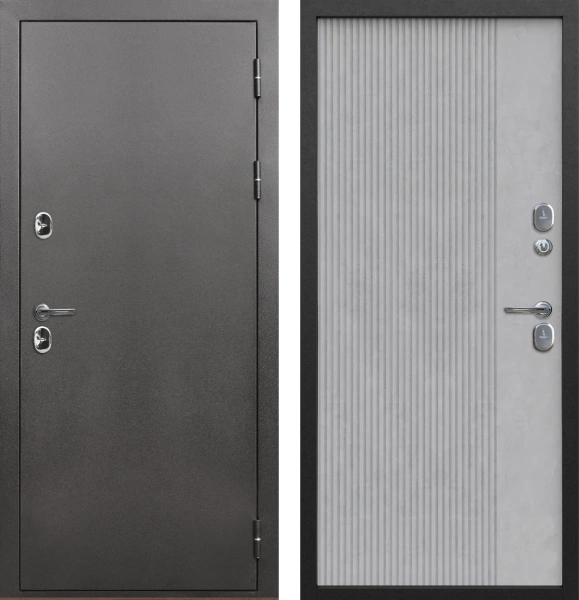 Входные двери Тайга термо Серебро Вертикаль Антик серебро - с фрезеровкой бетон снежный