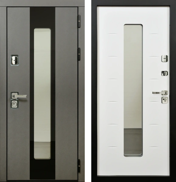 Входные двери Юта 3К90 П-55 (окно+черное стекло) TSBR 7021 - П-63(окно) RAL 9003