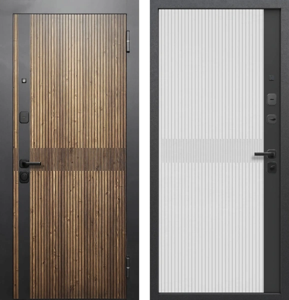 Входные двери Гарда 7,5 см Вуд Вертикаль Орех кантри Сатин белый/сатин черный