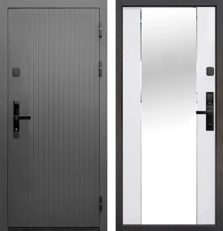 Входные двери Тайга 10 см (Электр. замок) Зеркало Сатин графит - Зеркало Эмалит белый