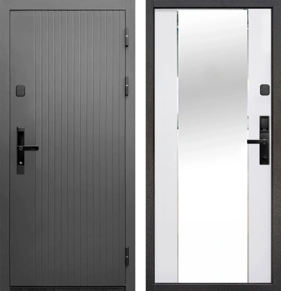 Входные двери Тайга 10 см (Электр. замок) Зеркало Сатин графит - Зеркало Эмалит белый