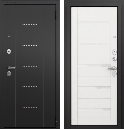 Входные двери T3 TRUST ECO MP RL-12 Черный муар - Е-142 Lacobel White Белый ларче