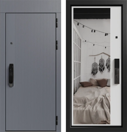 Входные двери Либерти ЮР-39 RAL 9011 - ЮР-42 декоративная зеркальная вставка RAL 9003