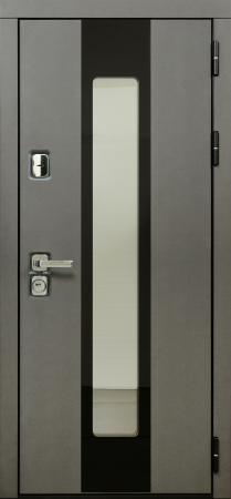Входные двери Юта 3К90 П-55 (окно+черное стекло) TSBR 7021 - П-63(окно) RAL 9001