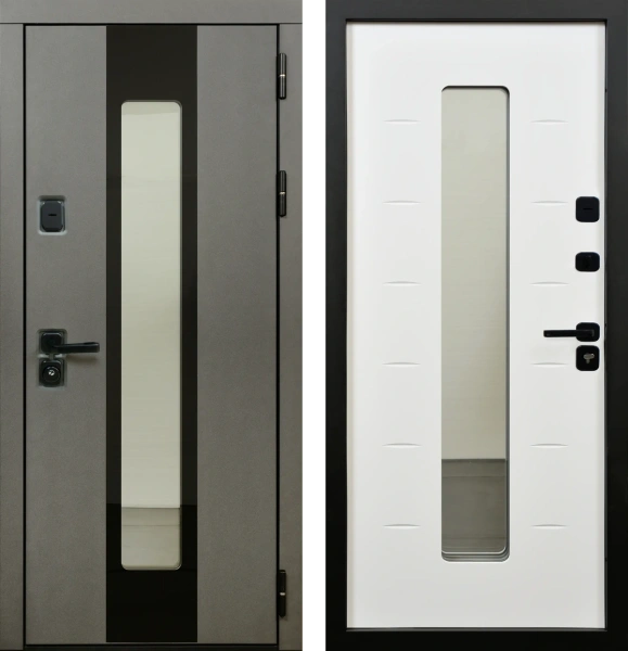 Входные двери Юта NEW П-55 (окно+черное стекло) TSBR 7021 - П-63(окно) RAL 9003