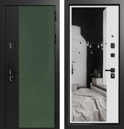 Входные двери Делла 3К90 TOR ЮР-43 Вудлайн олива - ЮР-42 зеркало ZB Белый