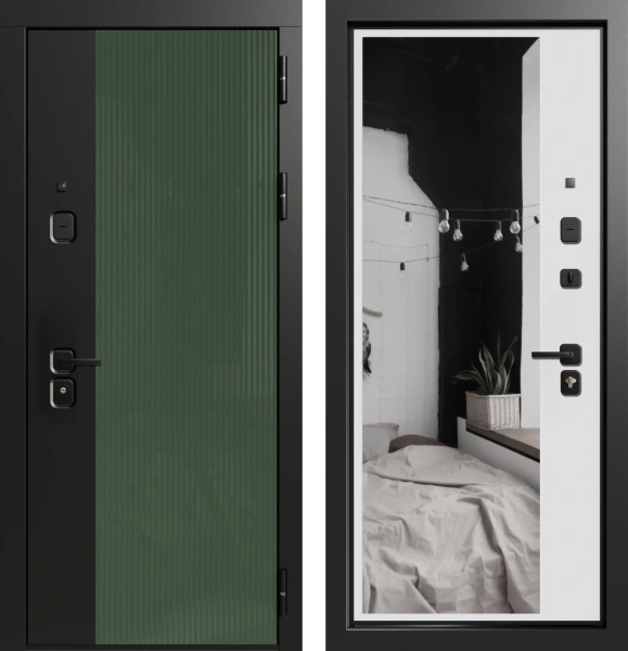 Входные двери Делла 3К90 TOR ЮР-43 Вудлайн олива - ЮР-42 декоративная зеркальная вставка ZB Белый