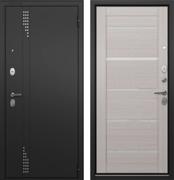 Входные двери T2 TRUST ECO MP RL-11 Черный муар - Е-142 Lacobel White Бьянко ларче