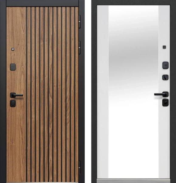 Входные двери Luxor Рейка Зеркало Орех лесной Эмалит белый
