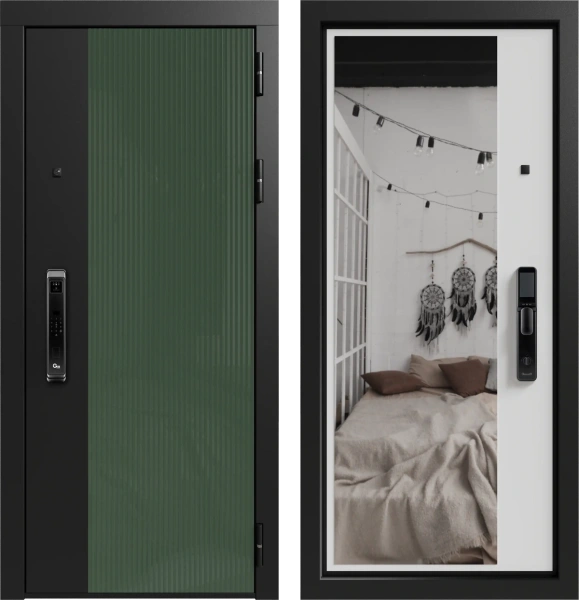 Входные двери Делла 3К90 ЮР-43 Вудлайн олива - ЮР-42 декоративная зеркальная вставка ZB Белый